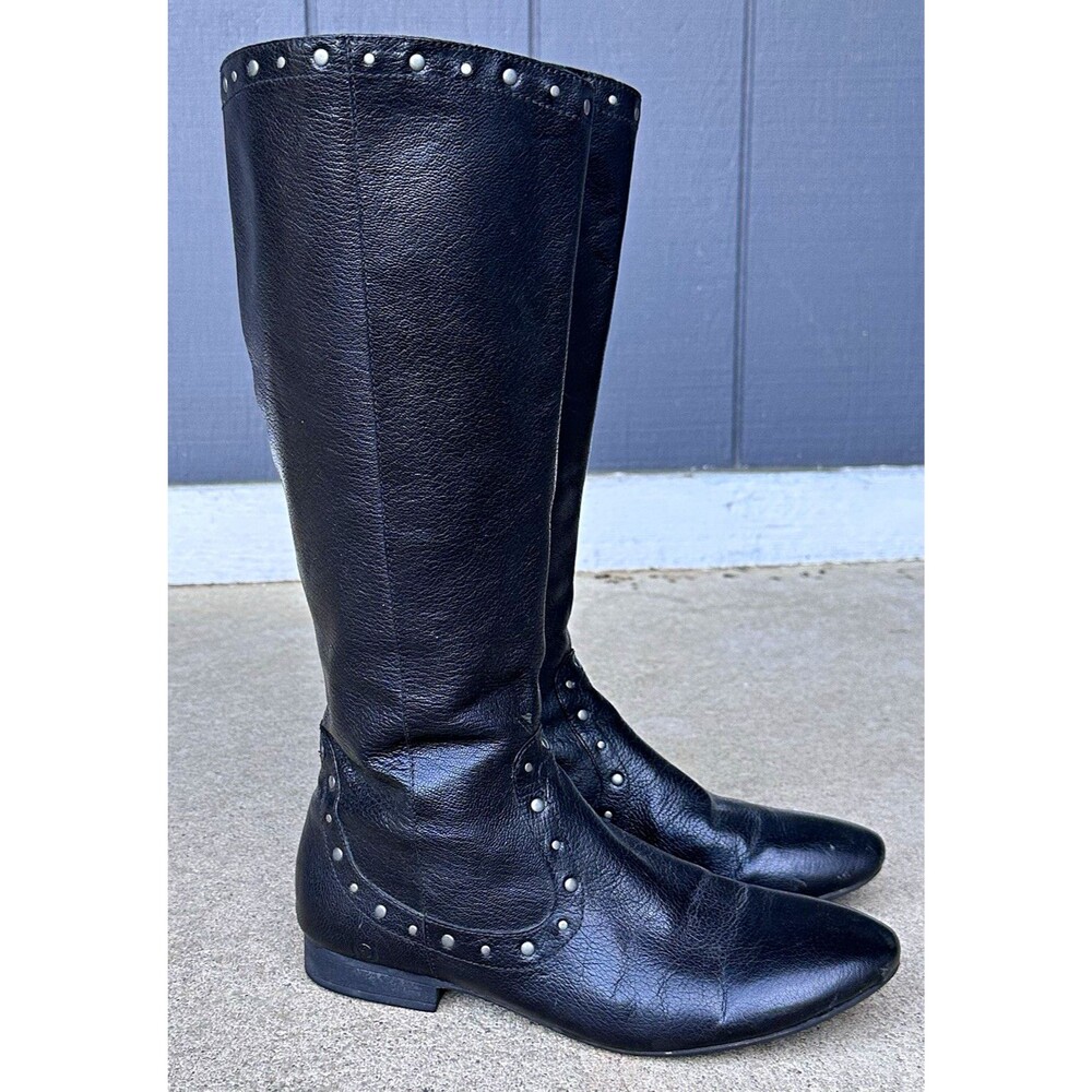 Born Women's Black Leather Tall Riding Boots Studded Trim Side Zip US 10